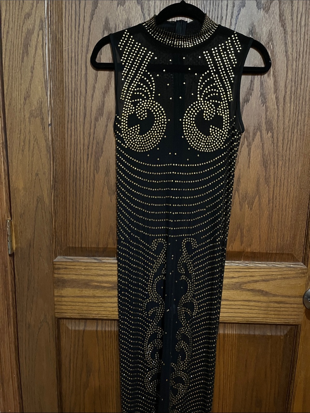 Sleeveless Black Maxi Sheer Dress with Gold Stud Embellishment